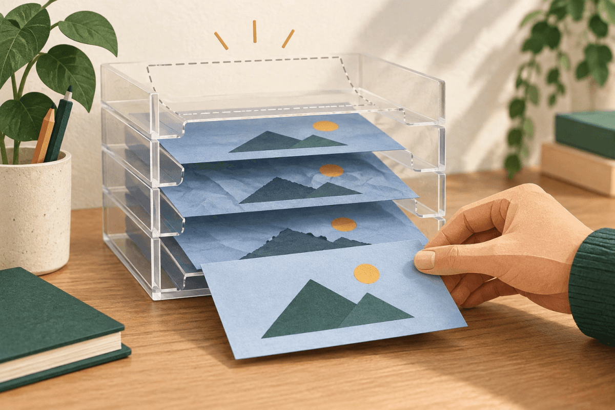 A hand brings an intact earlier blue sheet forward from a layered archive tray.