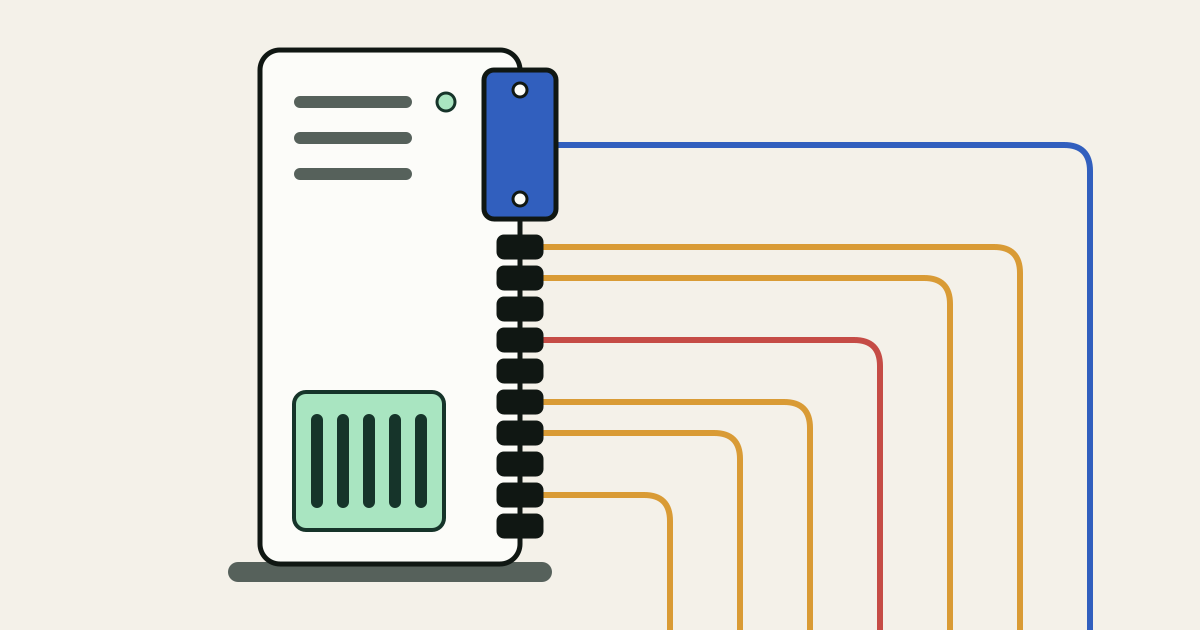 A tall white server tower with a column of small ports down its right side. A blue plate covers the top four ports, and a blue cable rising from below stops against it. Below the plate, ten ports stay open, and six cables, five amber and one red, rise from the bottom of the frame and turn into them.