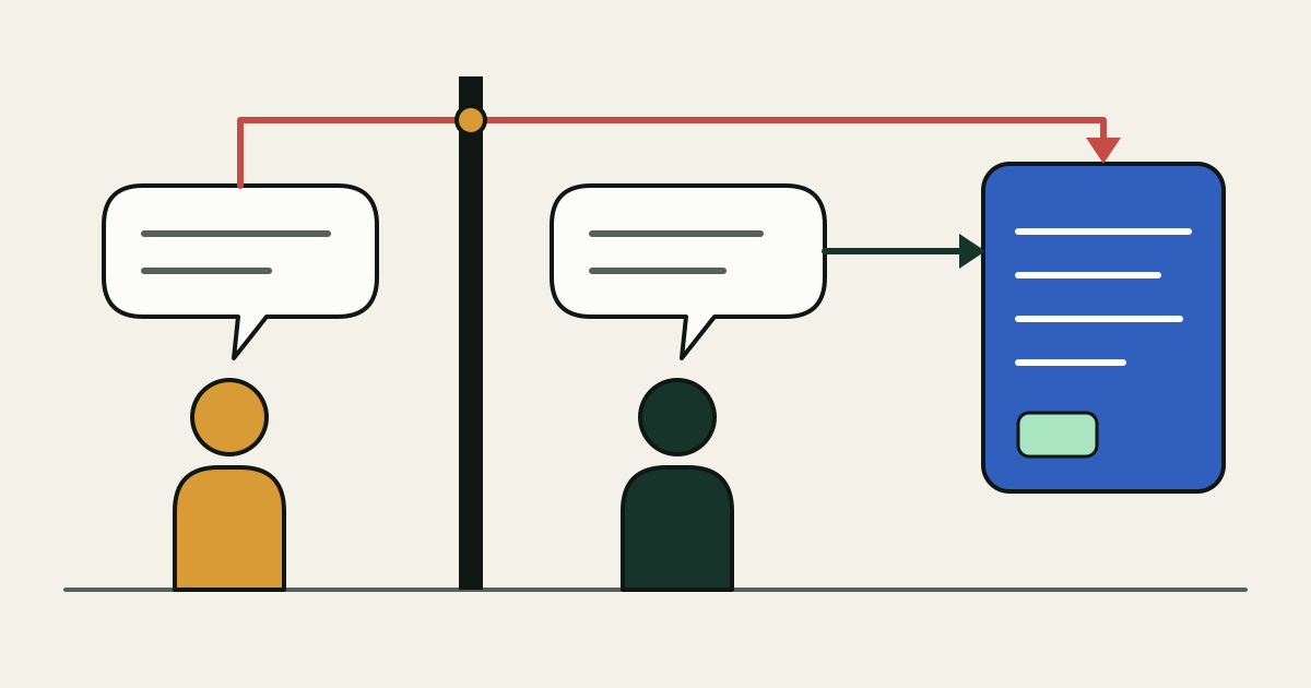 Two simple figures stand on either side of a tall dark partition, each with a similar white speech shape above it. Both speech shapes point to one stored blue card on the right, and the pointer from the left figure crosses the partition in red.
