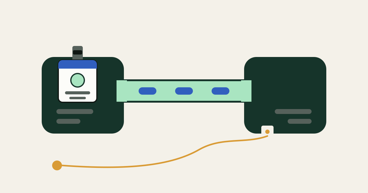 Two dark green rounded blocks joined by a doubled tunnel with blue packets inside it. A small white name badge is clipped to the top of the left block, while a thin amber line starts from a lone dot below and curves under the tunnel into the bottom of the right block.