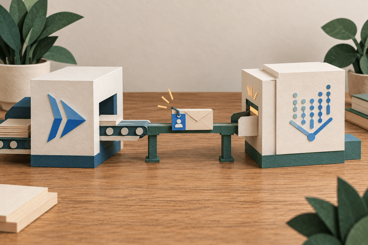 Two paper machines exchange a request through a narrow channel from a sender with its own identity tag.
