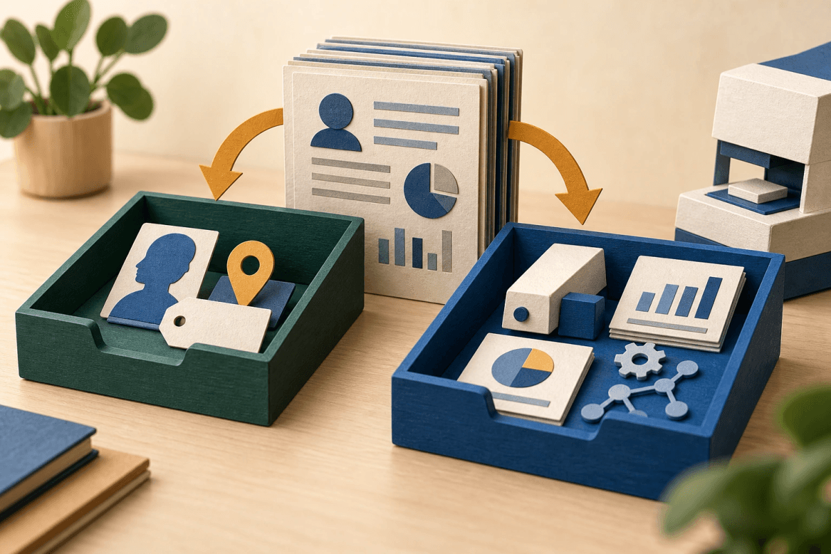 Identifying details stay in a local tray while task-relevant facts move toward the model request.