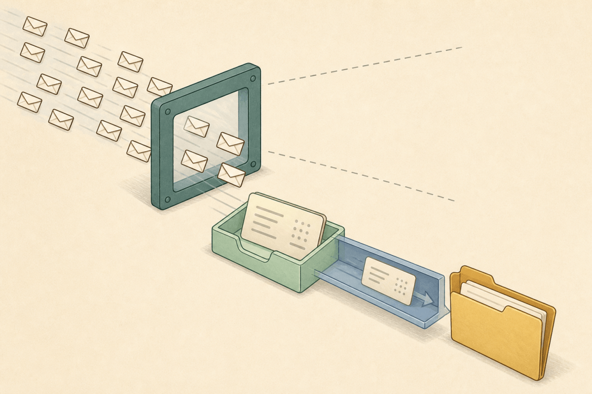 Conceptual illustration of packets passing through an observation window, with selected information forming an aggregate record that travels through a delivery path into an evidence folder. The open observation path does not establish application outcomes.